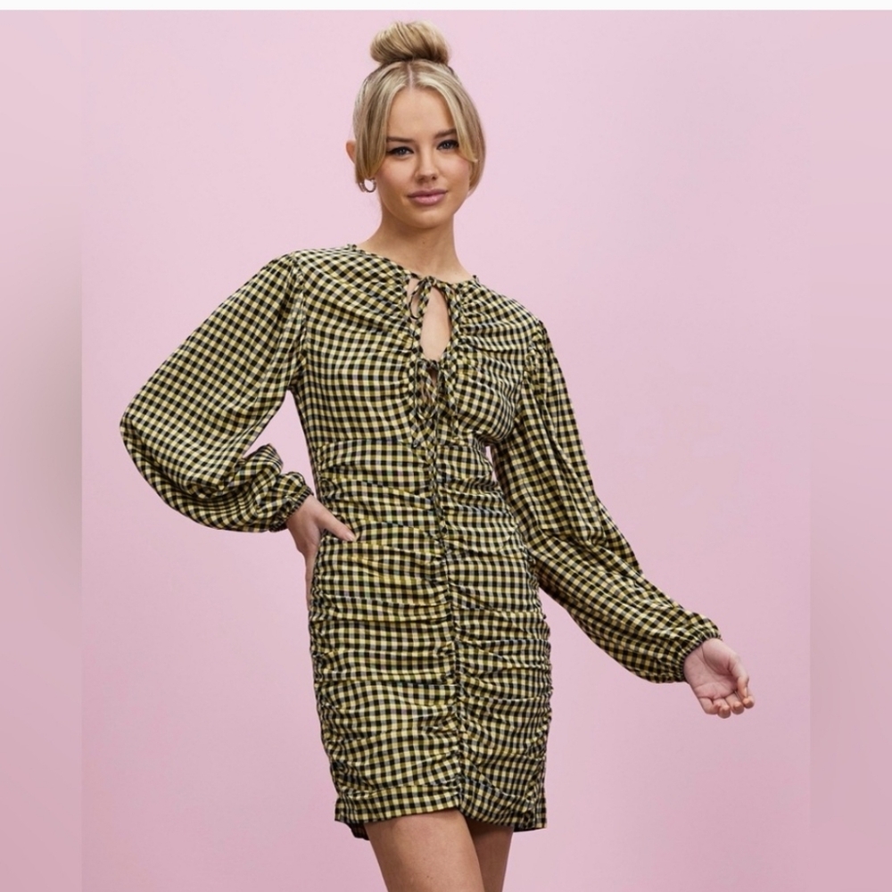 Topshop Check Yellow and Black Gingham Ruch Long Sleeve Dress Size 8 NWT